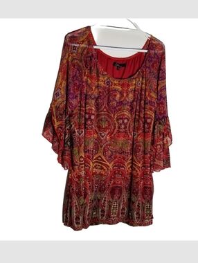Calessa Top Women's XL Floral Paisley Long Bell Sleeve Gold Sparkle Lined Red